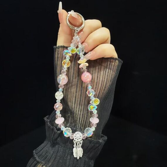 Catena per cellulare con perline di cristallo in lamina d'oro acchiappasogni (rosa)