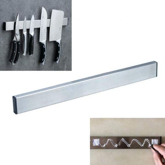 Portacoltelli in acciaio inossidabile Portacoltelli da cucina Supporto magnetico per coltelli di aspirazione, lunghezza: 50 cm, stile: colla per unghie gratuita (argento)