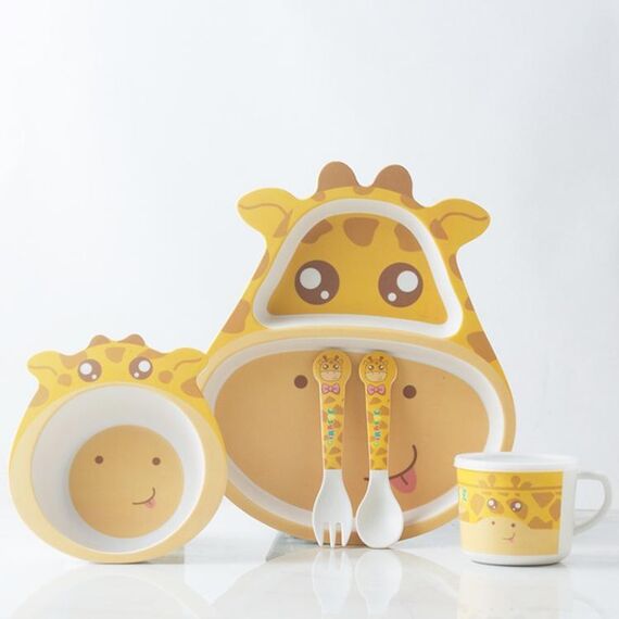 Set di stoviglie per bambini in fibra di bambù Set di piatti per integratori alimentari per bambini simpatico cartone animato domestico (040 Giraffe)