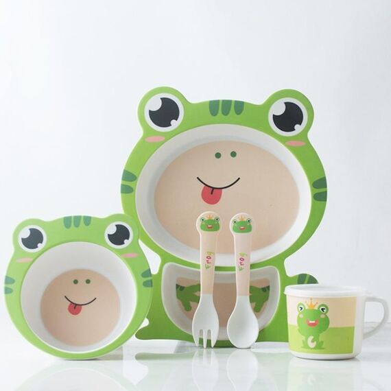 Set di stoviglie per bambini in fibra di bambù Set di piatti per integratori alimentari per bambini simpatico cartone animato domestico (045 Frog)