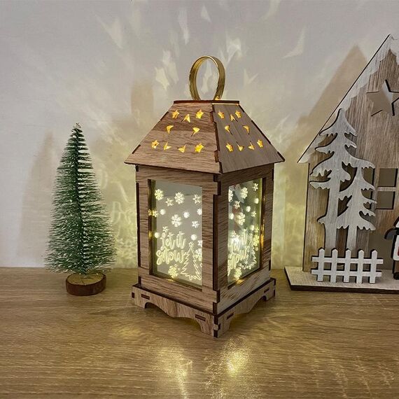 Decorazione natalizia in legno Lanterna a vento Ornamenti luminosi a LED Lanterna portatile Luci natalizie, Taglia: S (B)