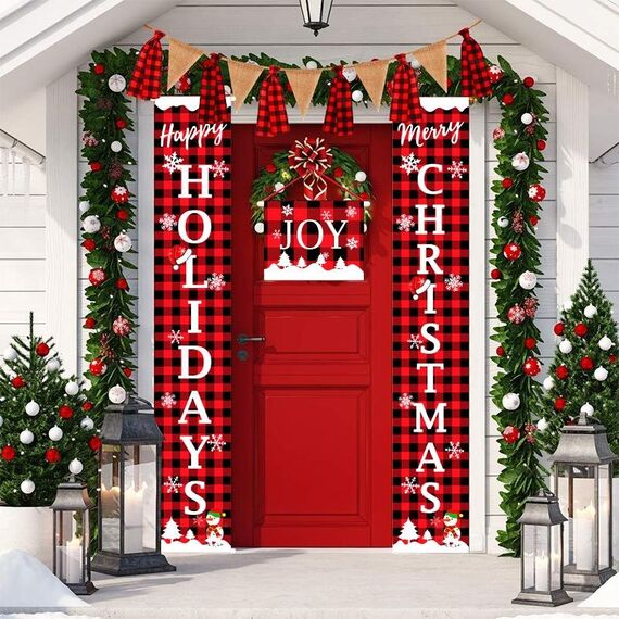 Decorazioni natalizie Tenda a traliccio rossa e nera Tirare la bandiera Atmosfera di festa Disposizione per appendere la porta, Specifica: Vacanze di Natale