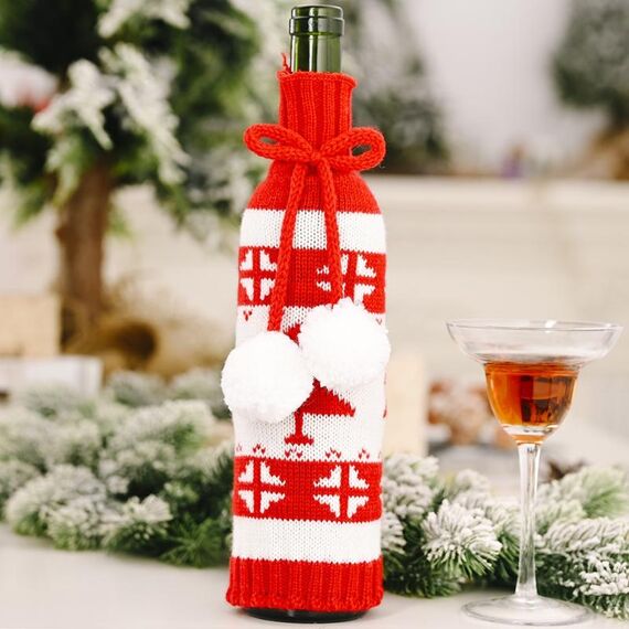 3 pezzi Copri bottiglia di vino a doppia palla lavorata a maglia natalizia Borsa per bottiglia di vino Layout atmosfera ristorante (piccolo albero)