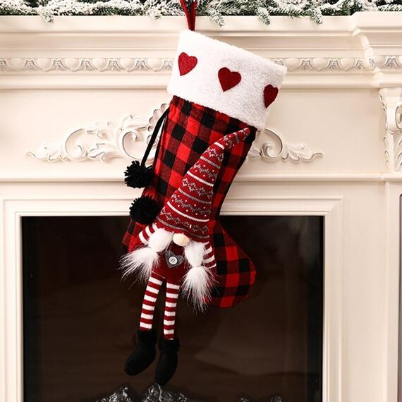 Piedi appesi Bambola senza volto Calze natalizie Sacchetto regalo per decorazioni natalizie (griglia rossa e nera)