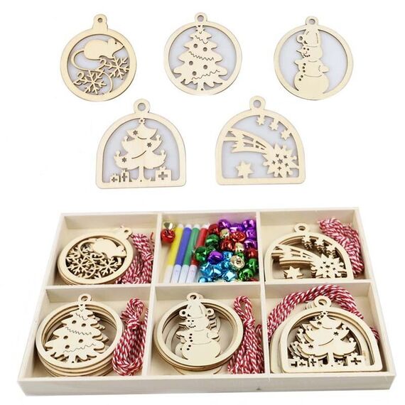 Set regalo creativo di decorazioni fai da te natalizie, ciondolo in trucioli di legno fatto a mano, stile: JM02038