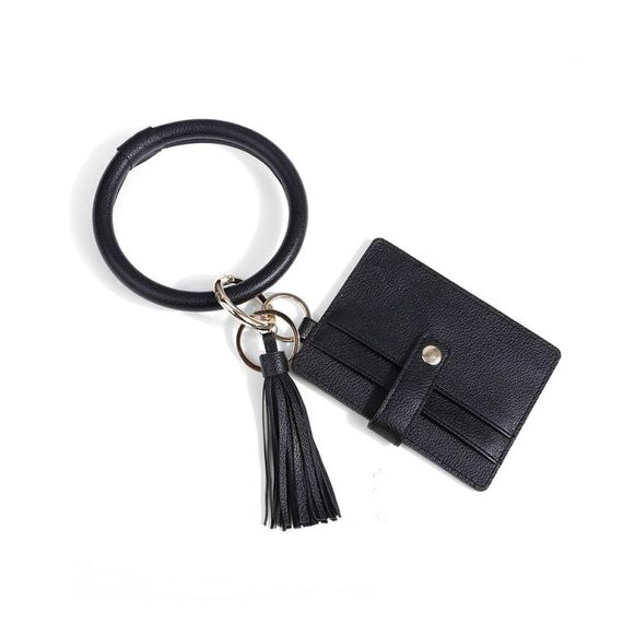 Portamonete con portamonete portachiavi in ​​pelle PU con anello da polso (nero)