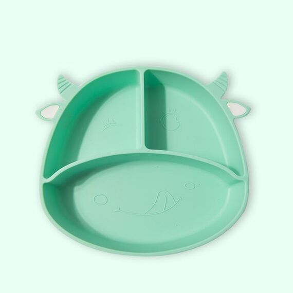 M010094 Piatto da pranzo in silicone per bambini Ciotola per mangiare anti-caduta grigliata Ciotola per ventosa antiscivolo per alimenti complementari per bambini (verde mucca)