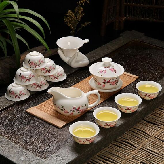 Set di tazze da tè in ceramica Kung Fu Teaware (uccelli che cantano e fiori profumati)