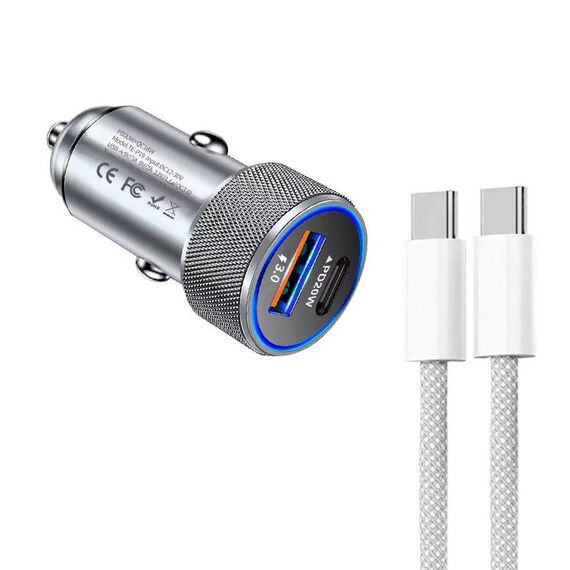 Caricabatteria da auto USB P19 Metal PD20W USB-C + QC18W con cavo dati da USB-C a USB-C per iPhone serie 15 (grigio argento)
