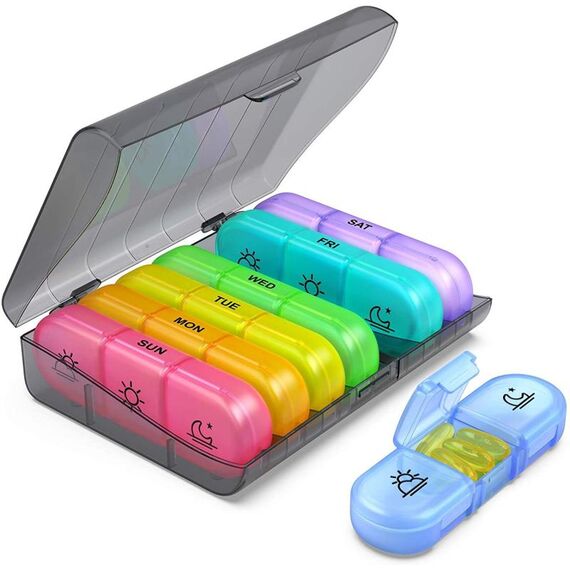 Contenitore di pillole per pillole arcobaleno 21-scomparto Box di pillola di una settimana (grigio + colorato)