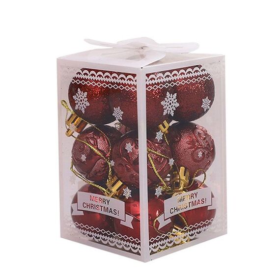 12pcs 4cm Christmas Ball Special Shape + Glitter + Bright Set (Wine Red)