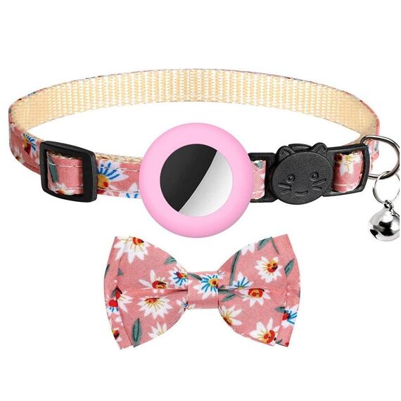 Collare per animali con fiocco stampato anti-smarrimento con campanello per AirTag (rosa)