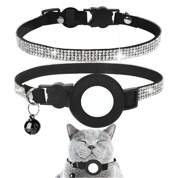 Collare per animali domestici con strass con campana per custodia Airtag Tracker (bianco diamante nero)