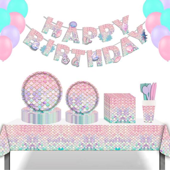 9 in 1 Forniture per feste di compleanno con sirena a squame di pesce Set di posate per piatti di carta velina (vestito da 16 persone)