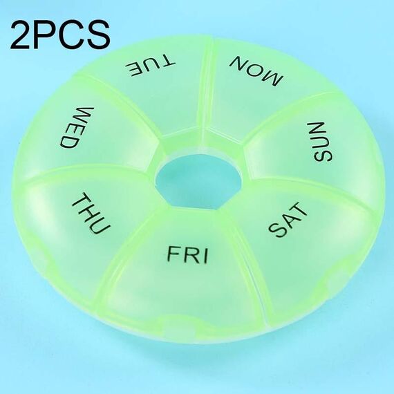 2 pezzi rotondi 7 giorni color arcobaleno portapillole portatile in plastica a sette griglie (verde chiaro)