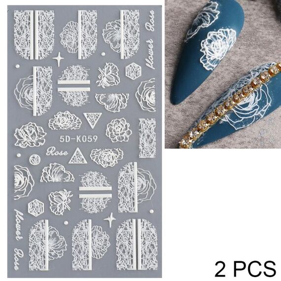 2 PCS 5D Adesivi per unghie in pizzo cavo stereoscopico Nail Art Adesivi in rilievo con fiori 3D (5D-K57)