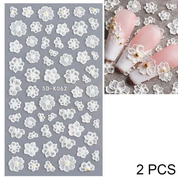 2 PCS 5D Adesivi per unghie in pizzo cavo stereoscopico Nail Art Adesivi in rilievo con fiori 3D (5D-K57)