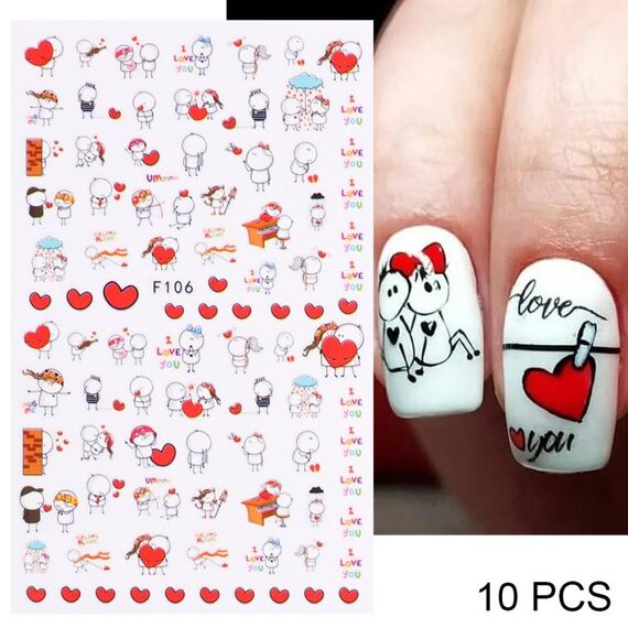 10 PCS Cartoon Heart Letters Personaggio dei fumetti Nail Art Sticker 3D Adesivi per unghie adesivi (F106)
