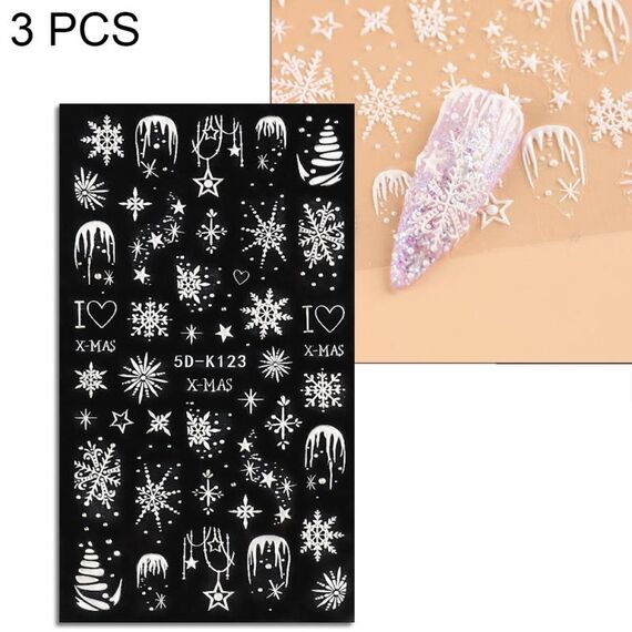 3 PCS Adesivi per unghie in rilievo 5D Adesivi per unghie con fiocchi di neve di Natale (5D-K123)