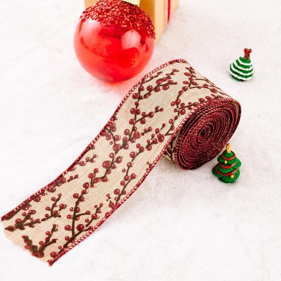 2 PCS 5m x 6cm Nastro di Natale Imitazione di Canapa Regalo Decorazione Nastro (F-Red Fruit)