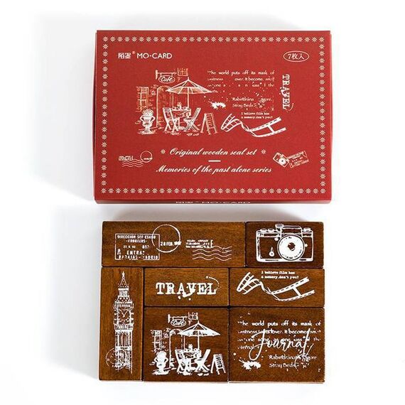 MOCARD Set di francobolli in legno 7 in 1 Manuale Materiale fai-da-te (Senyu Traveller)