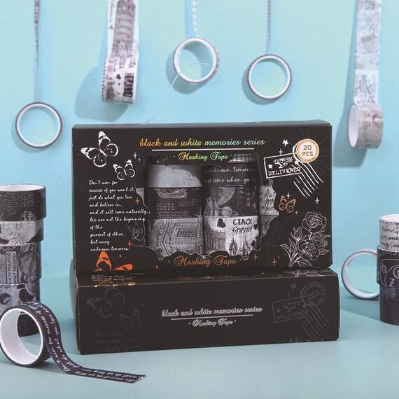 Set di nastri Washi Washi Tape da 20 rotoli/scatola con animali artistici e adesivi per album fai da te, stile: serie Memory in bianco e nero
