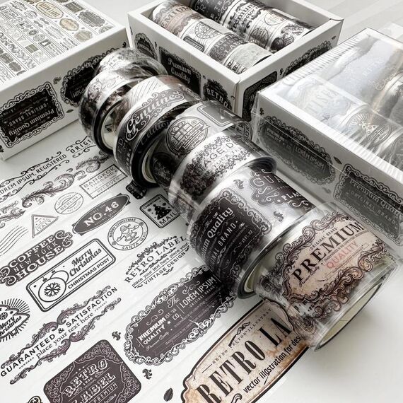 Set di 8 rotoli/scatola di nastri in PET trasparente stile antico per journaling 3 cm x 2+2 cm x 2+1,5 cm x 4 (modello badge)