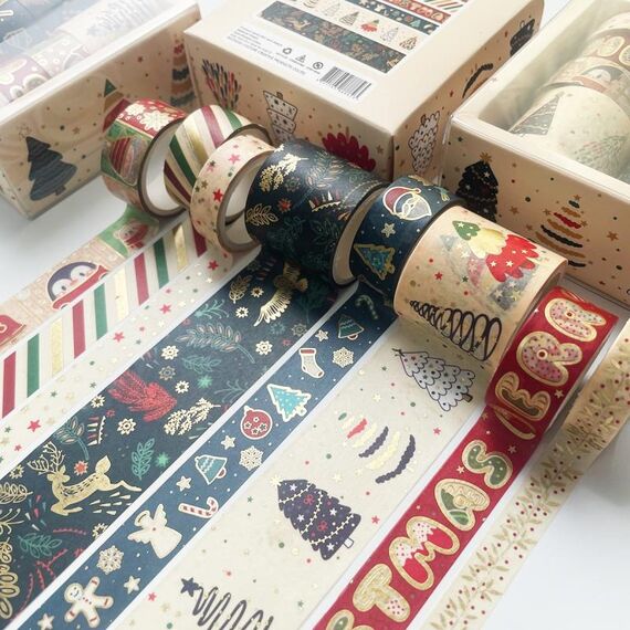 Set di nastri Washi in lamina d'oro natalizia da 8 rotoli/scatola per journaling e artigianato fai-da-te 3 cm x 2+1,5 cm x 4+1 cm x 2