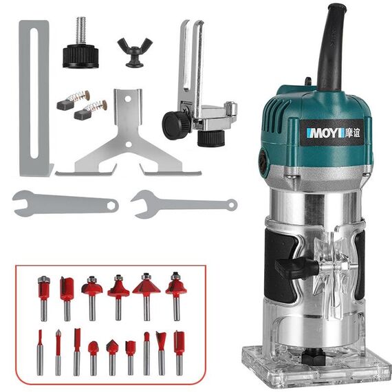 Macchina per intaglio e rifilatura di piccole dimensioni elettrica multifunzionale per la lavorazione del legno MOYI con corpo in alluminio, specifiche: 15 frese, spina USA