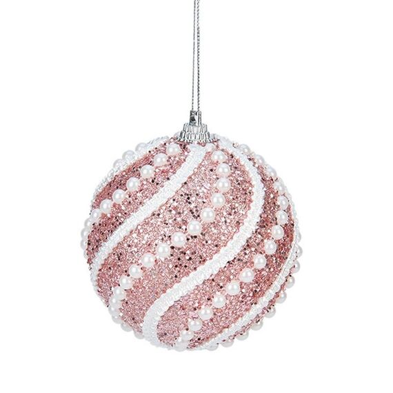 Decorazione per albero di Natale con pallina di Natale da 8 cm, con perle e paillettes, ornamento da appendere (rosa)