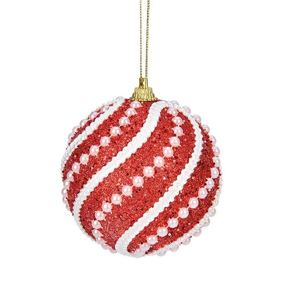 Decorazione per albero di Natale con pallina di Natale da 8 cm, con perle e paillettes, ornamento da appendere (rosso)
