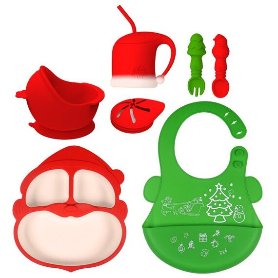 Set di stoviglie per bambini in silicone 7 in 1, regalo di Natale (verde)