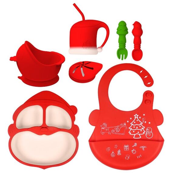 Set di stoviglie per bambini in silicone 7 in 1, regalo di Natale (rosso)
