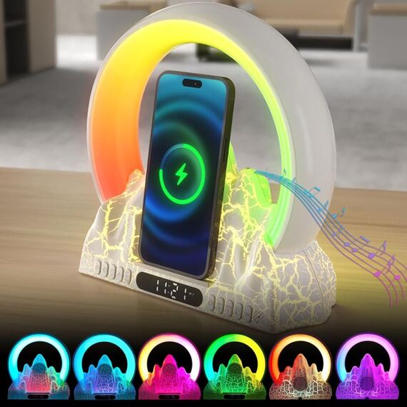 Flame Mountain Caricabatterie wireless con luce ambientale Sveglia intelligente Altoparlante Bluetooth con funzione sveglia (Bianco)