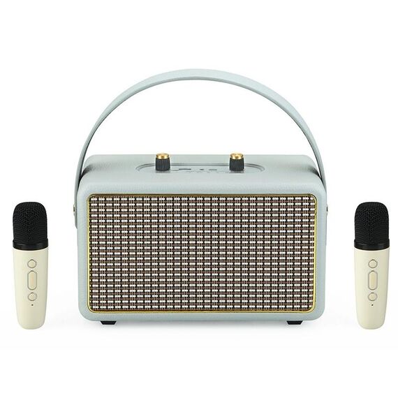 Altoparlante Bluetooth per karaoke portatile in legno con struttura in pelle, colore: grigio + doppio microfono