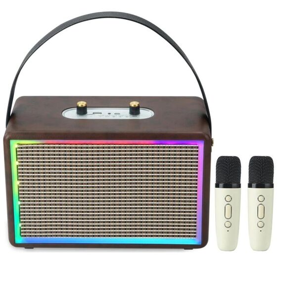 Altoparlante Bluetooth esterno retrò audio karaoke con effetti di luce colorata in pelle, stile: doppio microfono (marrone)