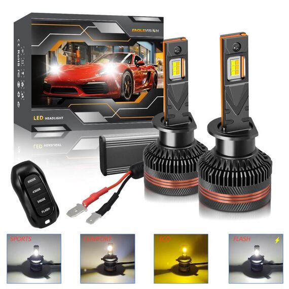 Lampadina per fari a LED per auto con telecomando a tre colori H1, confezione da 2, 60 W, 8000 lm, 6000 K