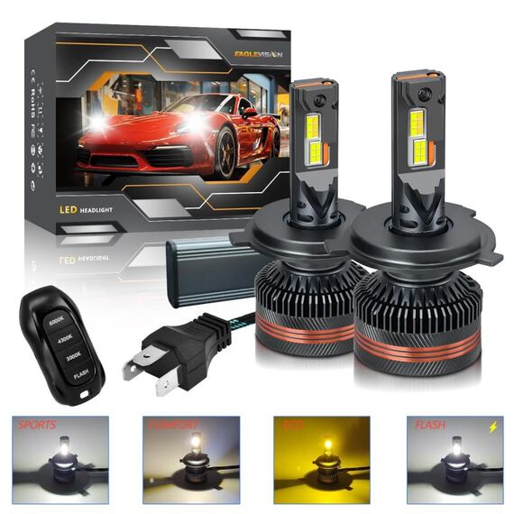 Lampadina per fari a LED per auto H4, confezione da 2, 60 W, 8000 lm, 6000 K, tre colori, con telecomando
