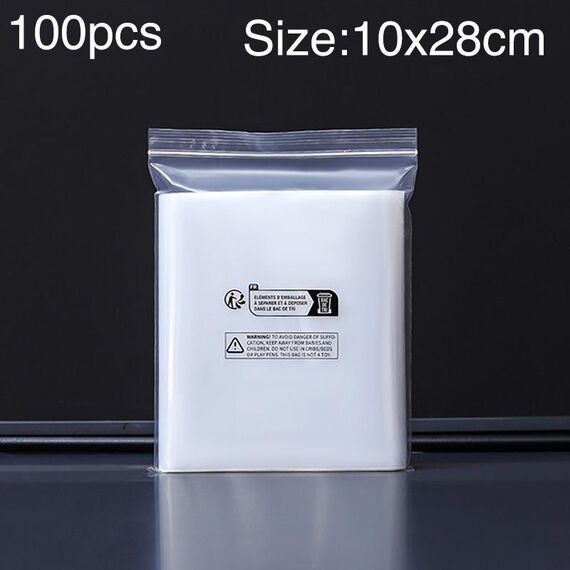 100 sacchetti con chiusura lampo stampati con etichetta ambientale a doppio strato, dimensioni: 10 x 28 cm, 12 fili