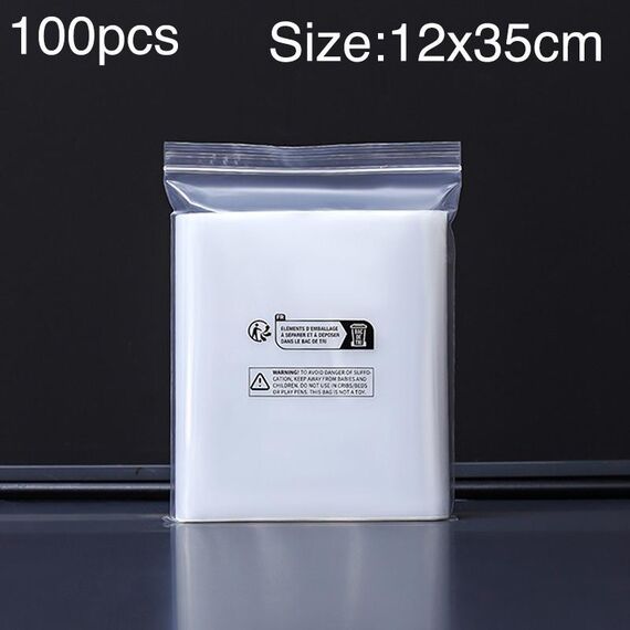 100 sacchetti con chiusura lampo stampati con etichetta ambientale a doppio strato, dimensioni: 12 x 35 cm, 10 fili