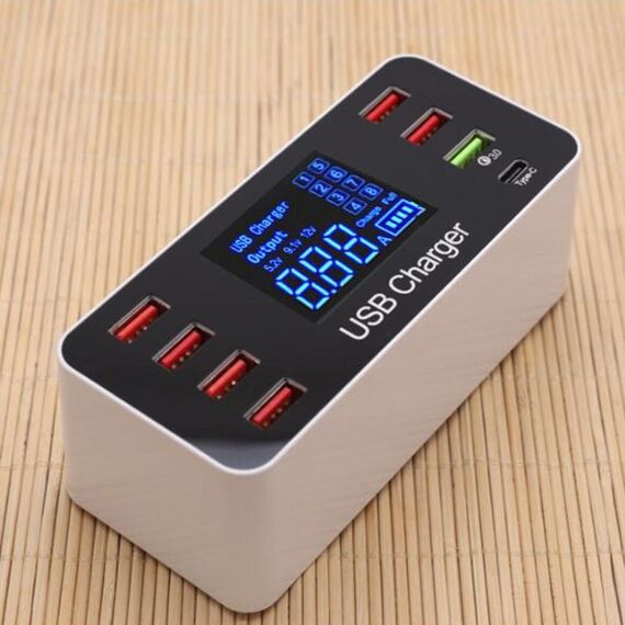 A9 + Multi-funzione AC 100 V ~ 240 V 8 porte Display digitale USB Caricatore intelligente stazione di ricarica staccabile LCD, supporto QC3.0 (bianco)