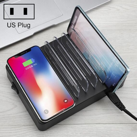 50 W 6 porte USB + 2 porte USB-C / Type-C + Caricabatterie multifunzione con ricarica wireless con display a LED e cornice rimovibile, spina americana