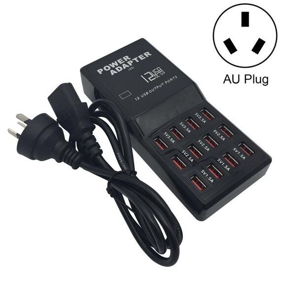 W-858 12A Caricabatteria da tavolo per dock di ricarica rapida USB a 12 porte AC100-240V, spina AU (nero)