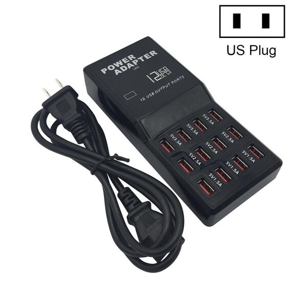 W-858 12A Caricabatteria da tavolo per dock di ricarica rapida USB a 12 porte AC100-240V, spina americana (nera)