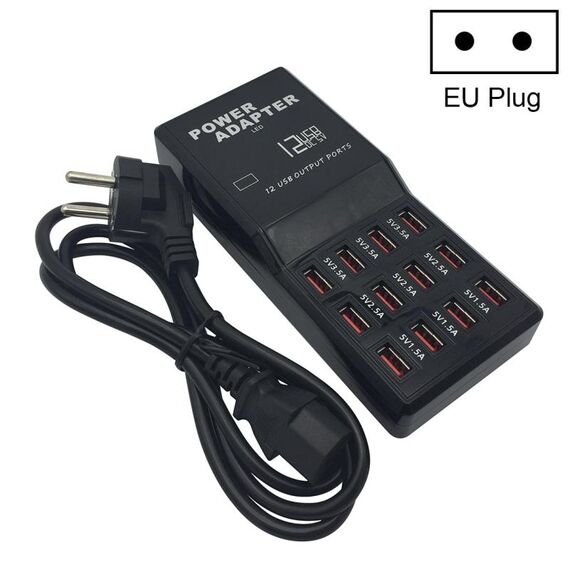 W-858 12A Caricabatteria da tavolo per dock di ricarica rapida USB a 12 porte AC100-240V, spina europea (nero)