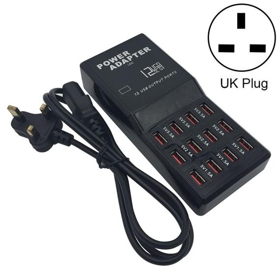 W-858 12A Caricabatteria da tavolo per dock di ricarica rapida USB a 12 porte AC100-240V, spina UK (nera)