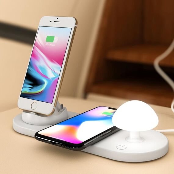 HQ-UD11 10W 4 in 1 Caricabatterie wireless veloce del telefono cellulare con luce a LED di funghi e supporto per telefono, lunghezza: 1,2 m (bianco)