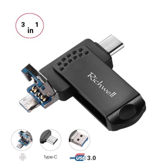 Richwell 3 in 1 16G Type-C + Micro USB + USB 3.0 Metal Flash Disk con funzione OTG (nero)