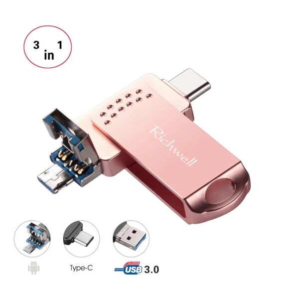 Richwell 3 in 1 128G Type-C + Micro USB + USB 3.0 Metal Flash Disk con funzione OTG (oro rosa)