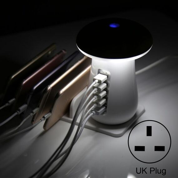 XLD888 5 porte (2 x 5v/1a + 2 x 5v/2.1a + 1 x qc3.0) Caricabatterie USB Caricatore da scrivania Light Mushroom Light con supporto per telefono